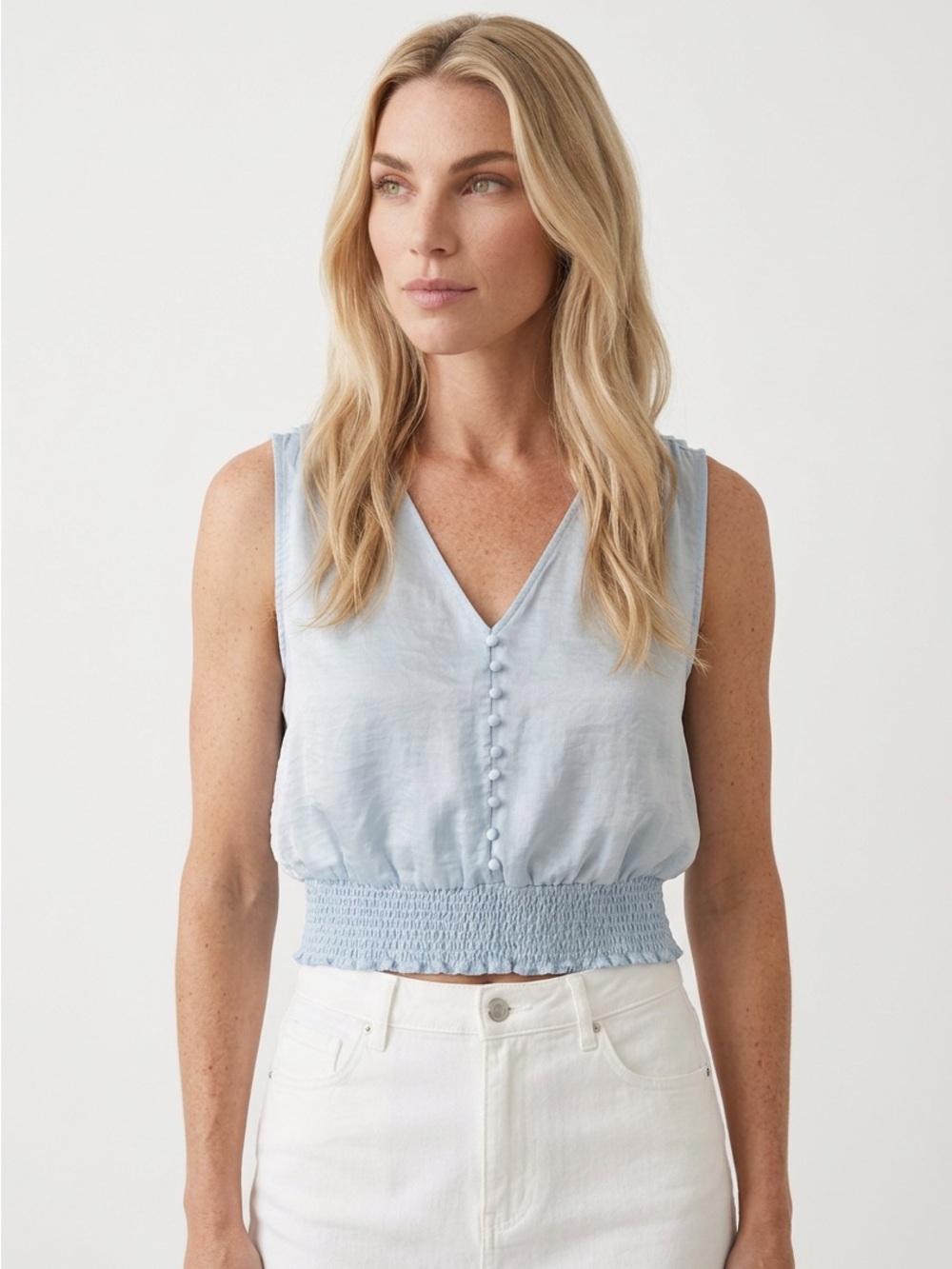 Laundry By Shelli Segal Light Blue V-Neck Button Front Smocked Crop Top